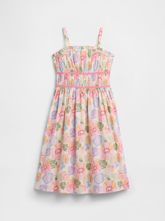 Çok Renkli Baskılı Smocked Midi Elbise