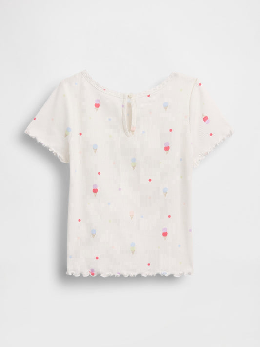 Beyaz Dondurma Işlemeli Fitilli T-shirt