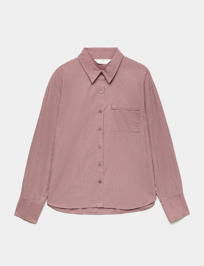 Pamuklu Poplin Çizgili Pijama Gömleği