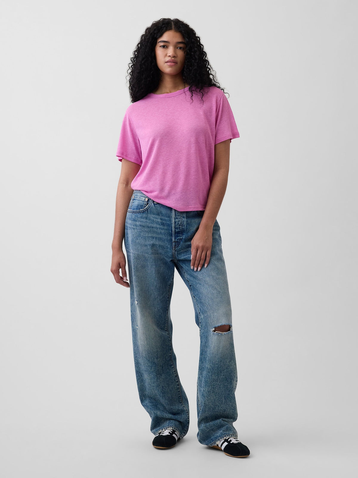 Pembe Keten Karışımlı Relaxed T-shirt