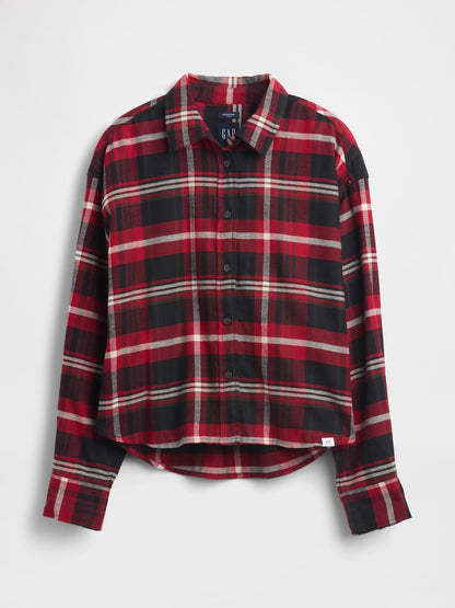 Bordo Flannel Straight-hem Crop Gömlek
