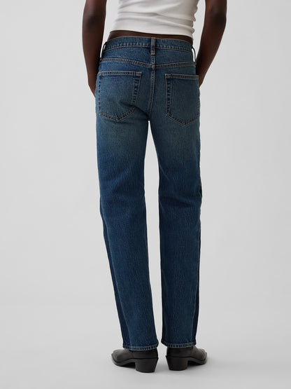 Koyu Mavi Mid Rise Relaxed Straight Jean Pantolon