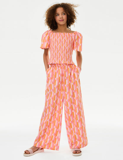 Saf Pamuklu Desenli Wide Leg Pantolon (6-16 Yaş)