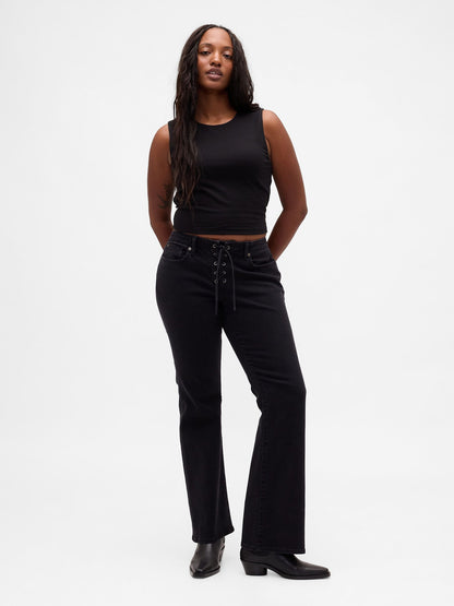 Siyah Low Rise Long & Lean Lace-up Jean Pantolon