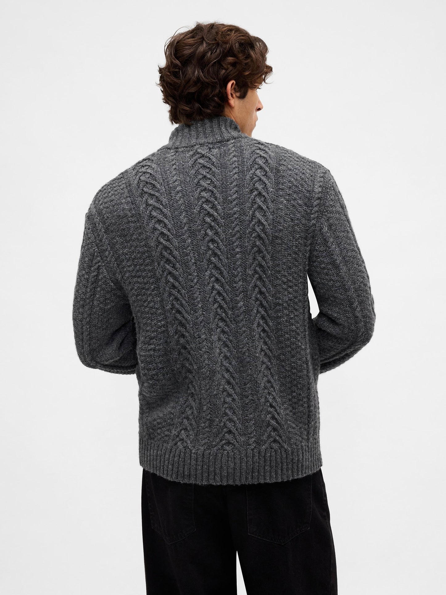 Koyu Gri Wool-blend Cable-knit Fermuarlı Triko Hırka
