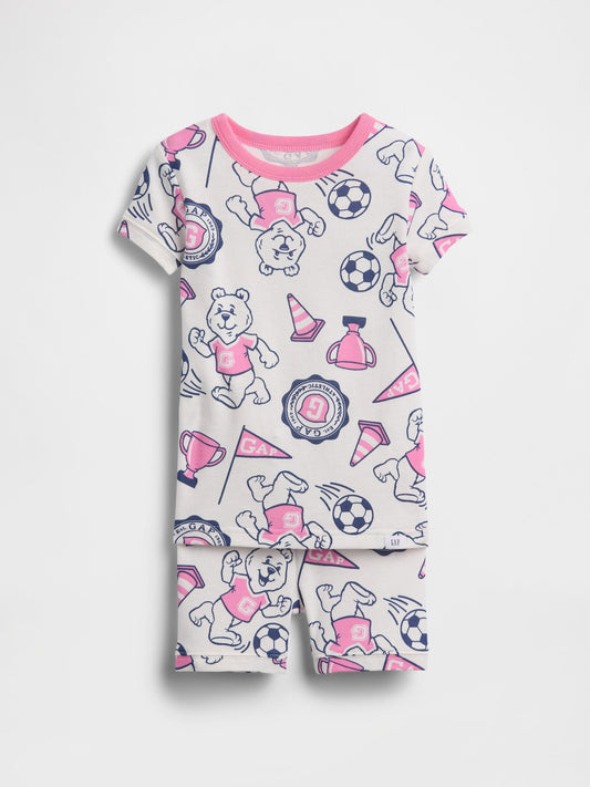 Pembe Organik Pamuk Ayı Baskılı Logo Şort Pijama Takımı