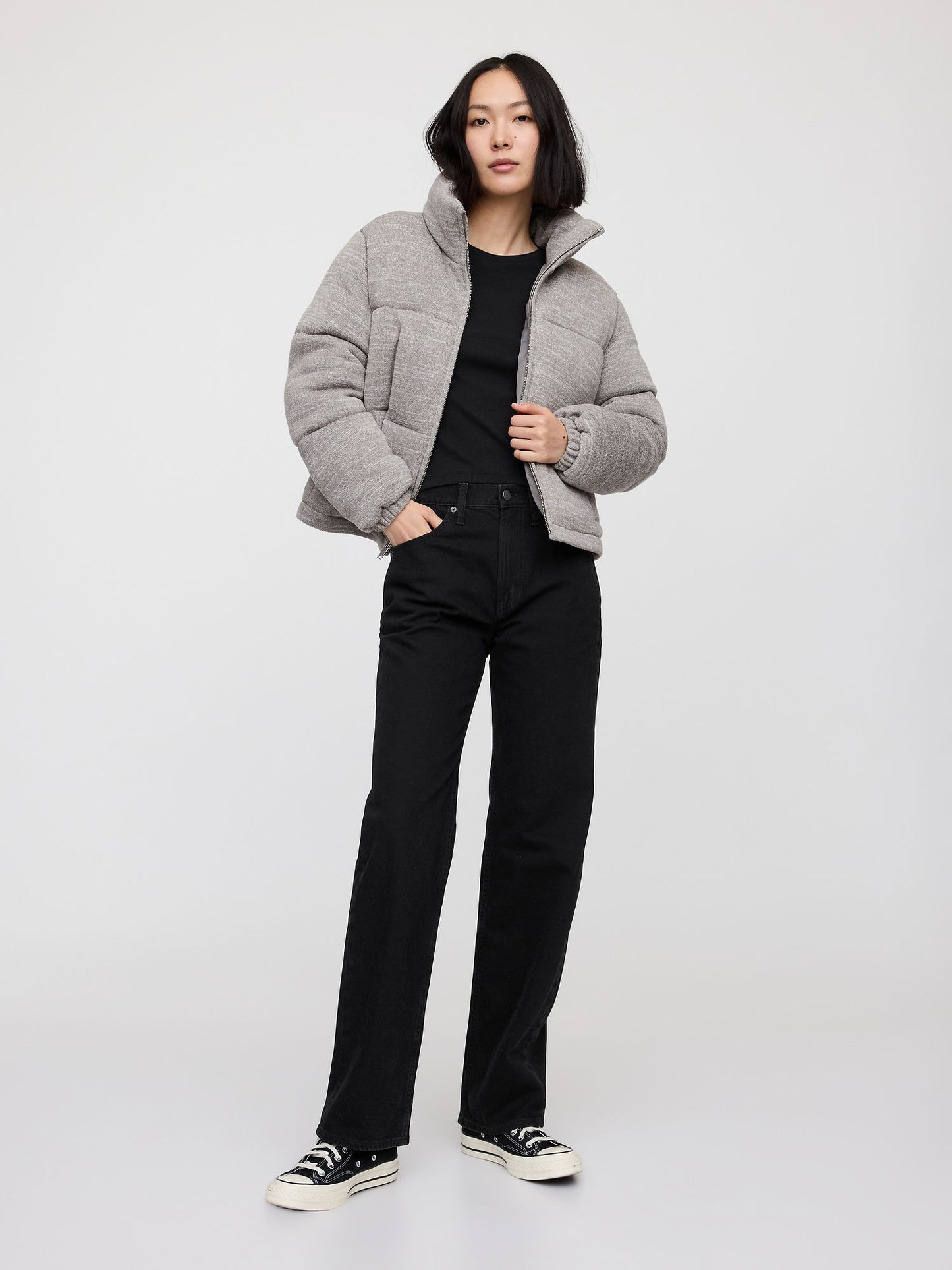 Gri Relaxed Crop Puffer Şişme Mont