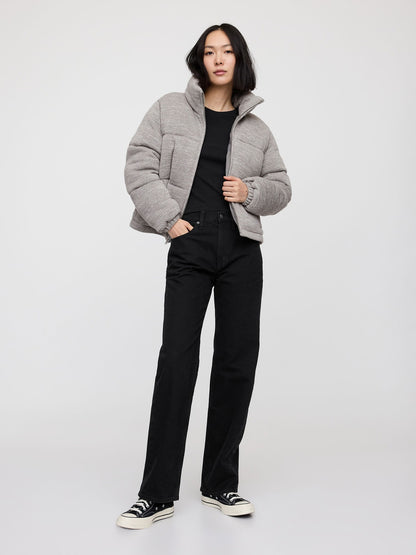 Gri Relaxed Crop Puffer Şişme Mont