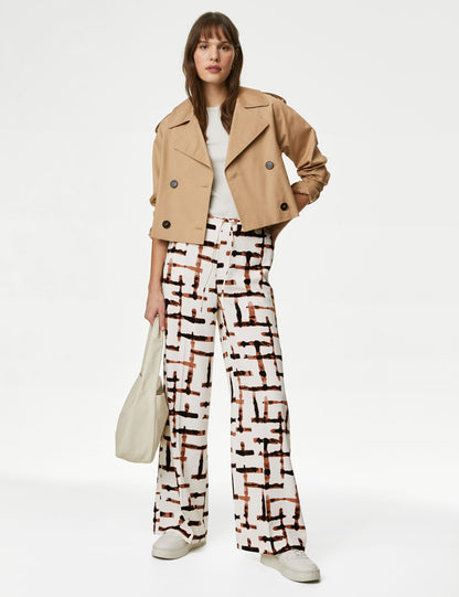 Yüksek Bel Desenli Wide Leg Pantolon