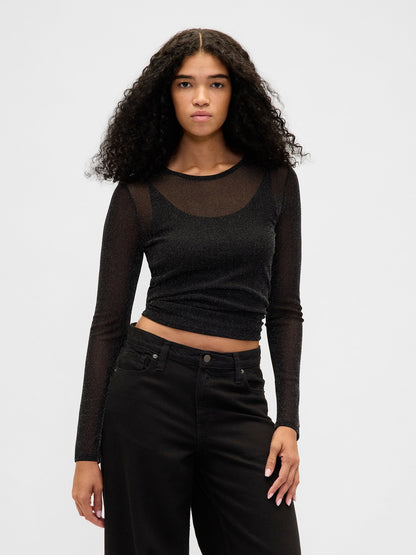 Siyah Sheer Metallic Mesh T-shirt