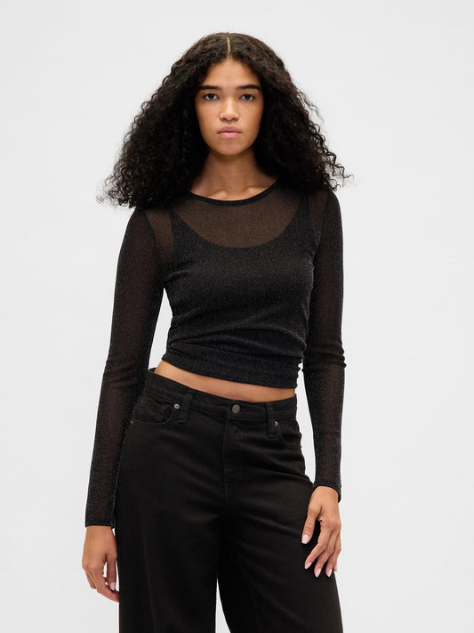Siyah Sheer Metallic Mesh T-shirt
