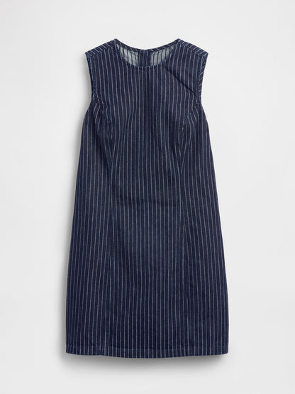 Koyu Mavi Kolsuz Çizgili Denim Mini Elbise