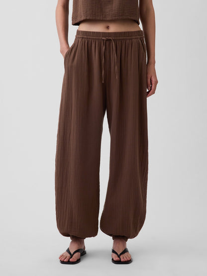 Kahverengi Pamuk Gauze Barrel Jogger Pantolon