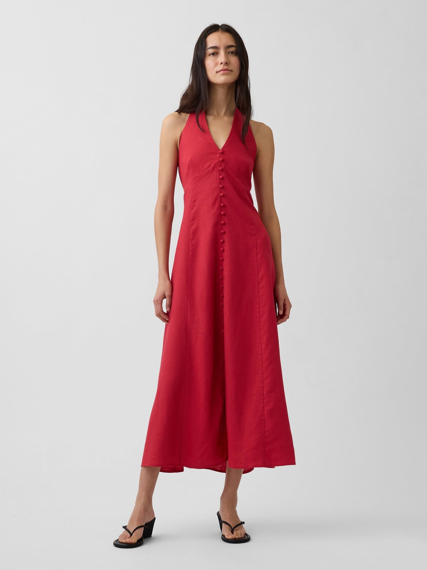 Kırmızı Keten Karışımlı Halter Maxi Elbise