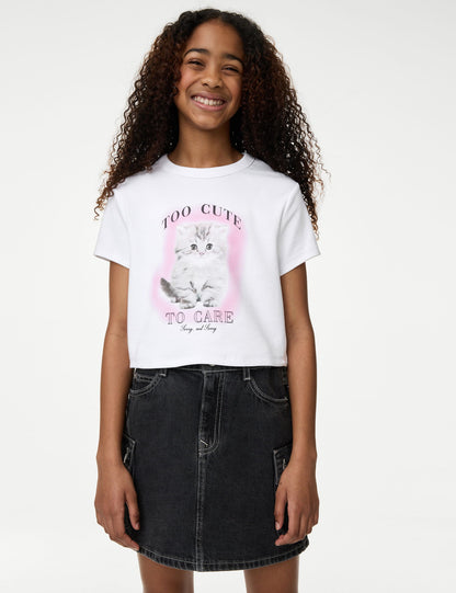 Kedi Desenli Crop T-shirt (2-16 Yaş)