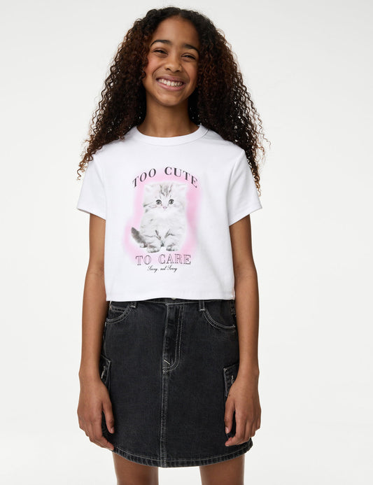 Kedi Desenli Crop T-shirt (2-16 Yaş)