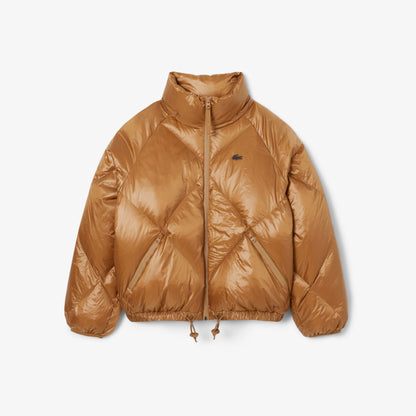 Lacoste Kadın Oversize Fit Kapüşonlu Kapitone Açık Kahverengi Mont