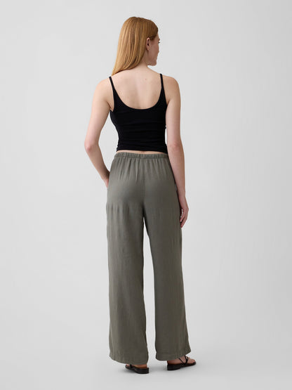 Haki Relaxed Keten Karışımlı Wide-leg Pantolon