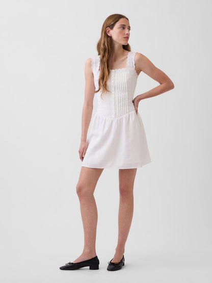 Beyaz Pintuck Drop-waist Mini Elbise