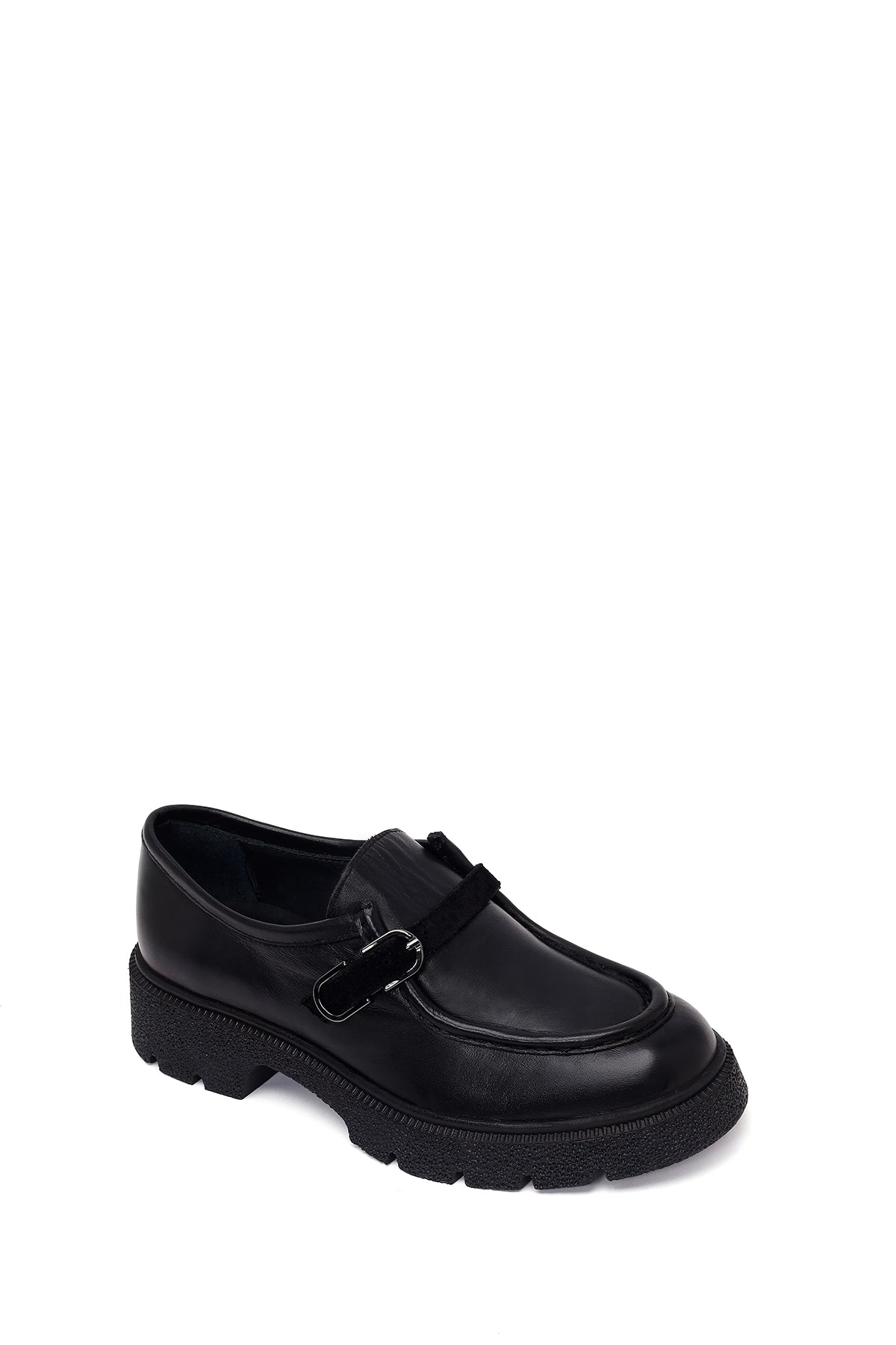 Kadın Siyah Tokalı Kalın Tabanlı Deri Maskülen Loafer