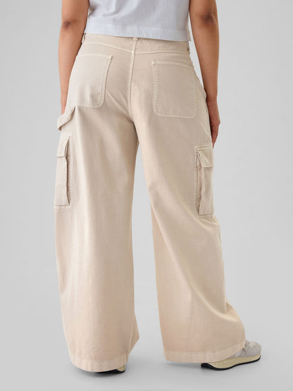 Bej Low Rise Baggy Kargo Khaki Pantolon