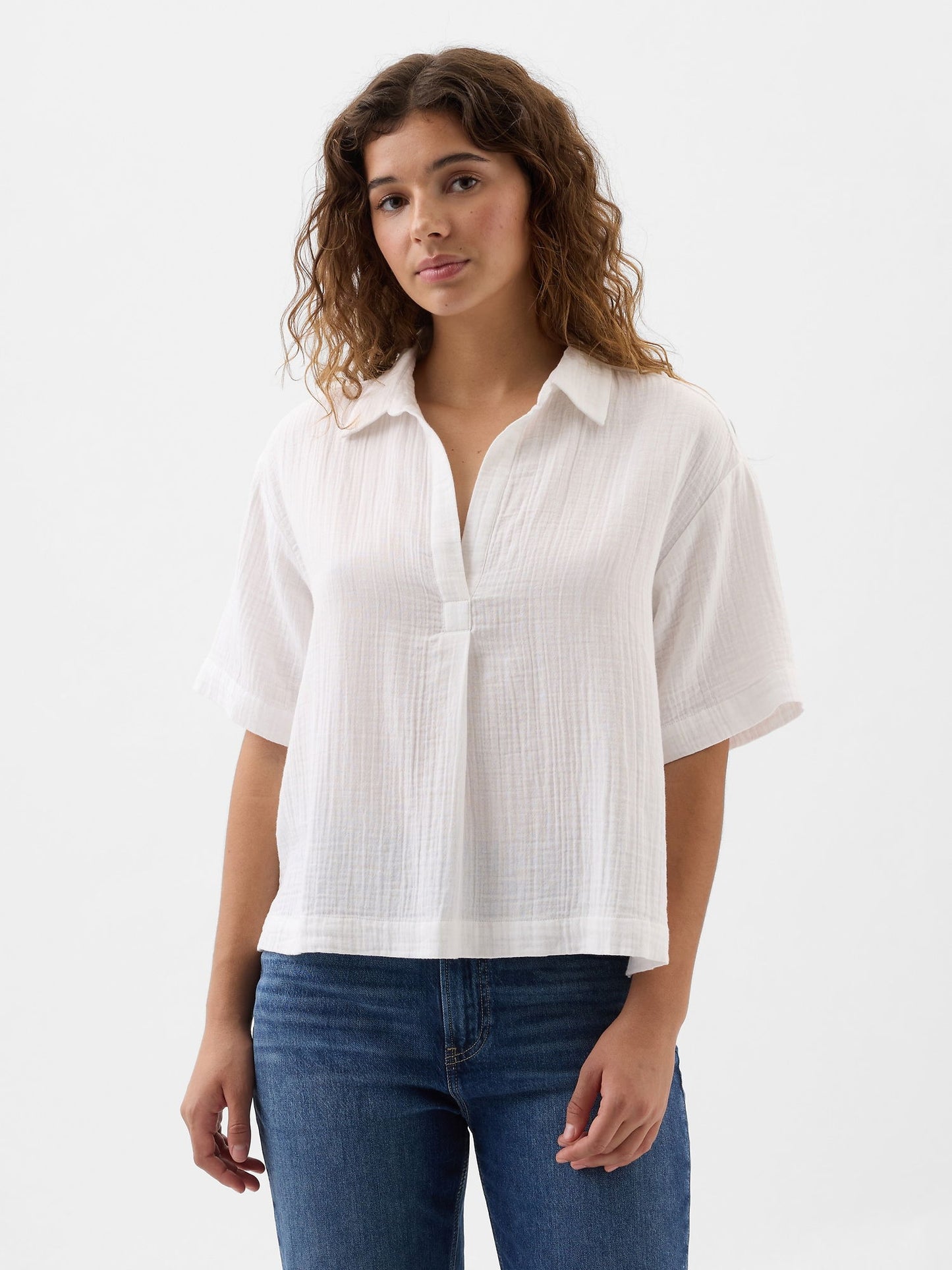 Beyaz Relaxed Gauze Popover Bluz
