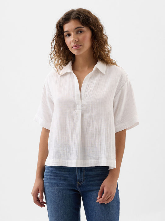 Beyaz Relaxed Gauze Popover Bluz
