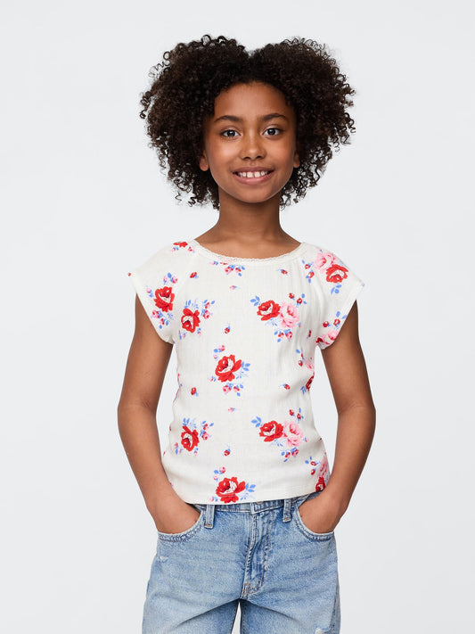 Çok Renkli Dantel Yaka Pointelle T-shirt