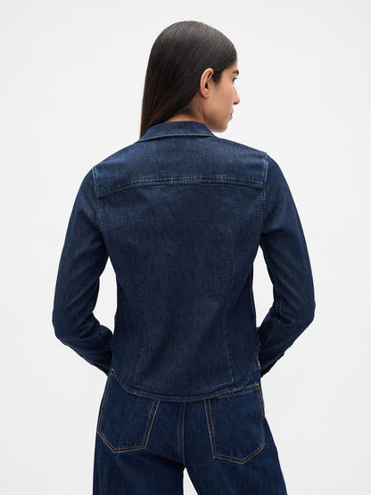Koyu Mavi Denim Fitted Crop Gömlek
