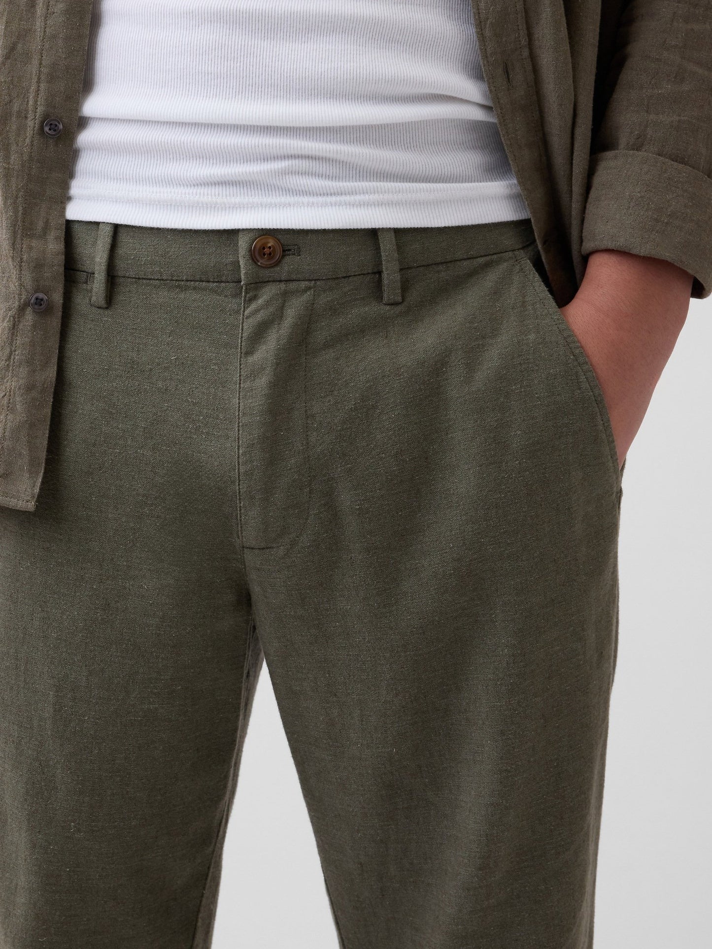 Haki Straight Keten Karışımı Pantolon