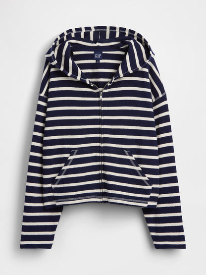 Kırmızı Havlu Terry Oversized Çizgili Fermuarlı Sweatshirt
