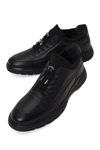 Erkek Siyah Bağcıklı Deri Casual Sneaker