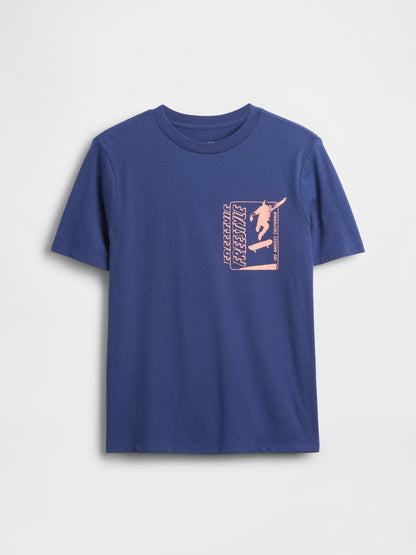 Koyu Mavi Grafik Baskılı T-shirt