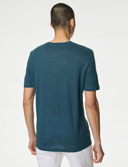 Kısa Kollu Saf Keten T-shirt