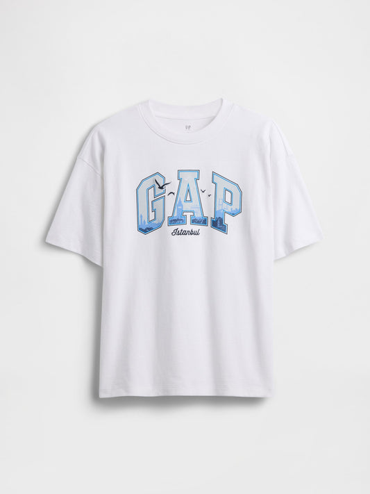 Beyaz Istanbul Logo Grafik Baskılı T-shirt