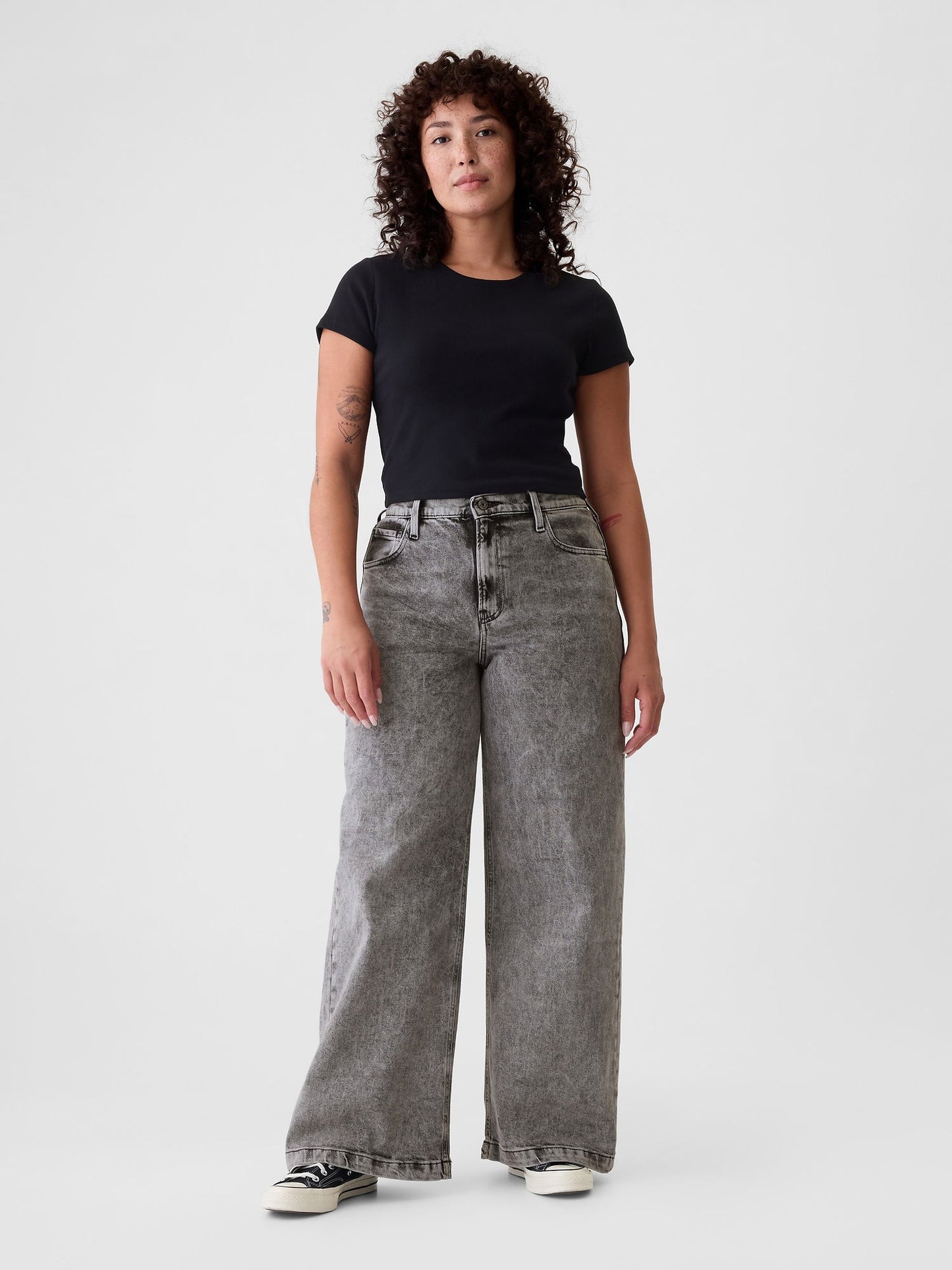 Siyah High Rise Stride Wide-leg Jean Pantolon
