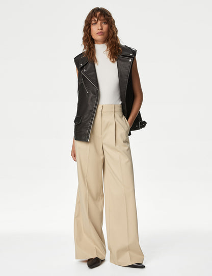 Pile Detaylı Yüksek Bel Wide Leg Pantolon