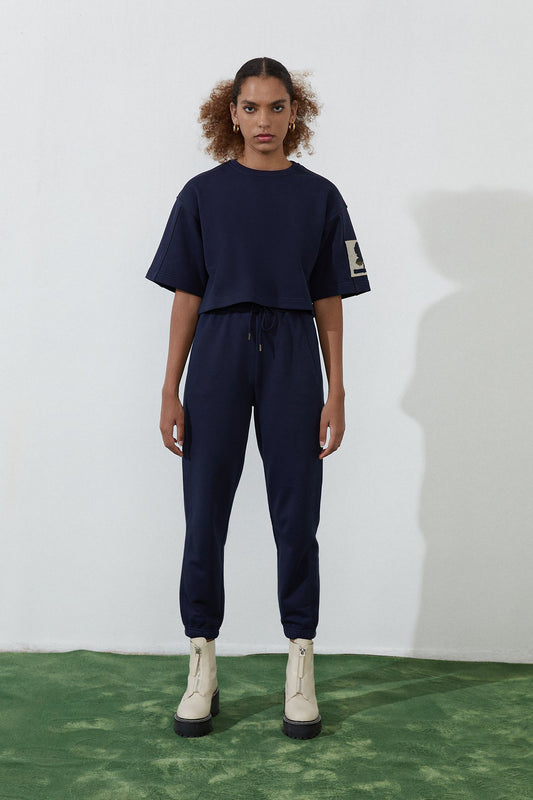 Lacivert Geniş Kesim Crop T-Shirt