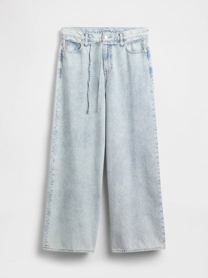 Açık Mavi Mid Rise Ultrasoft Baggy Mikro Kemer Jean Pantolon