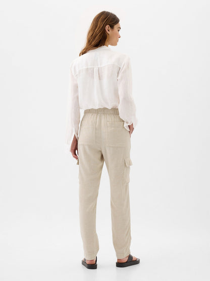 Bej Mid Rise Easy Keten Karışımlı Kargo Pantolon