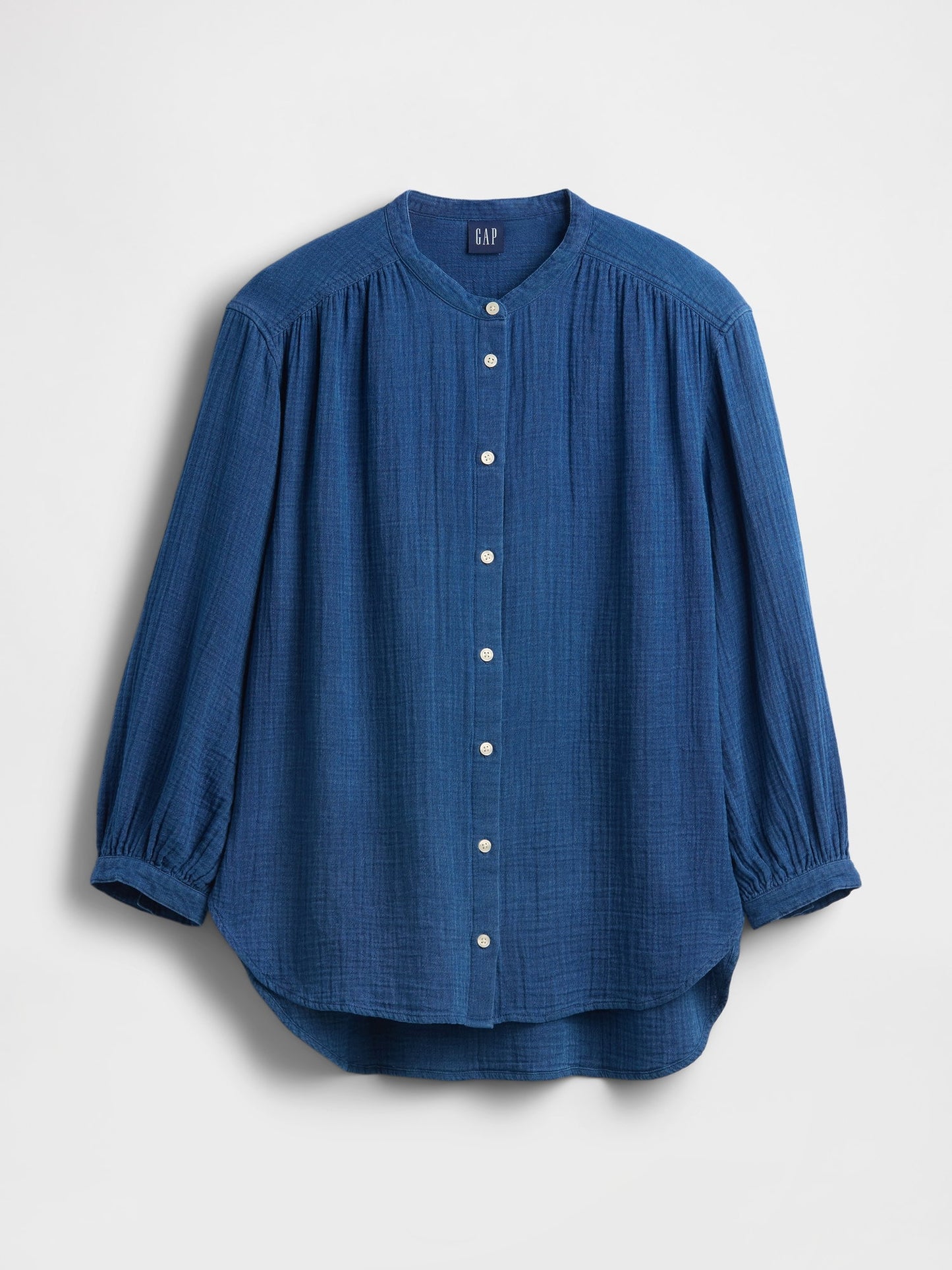 Koyu Mavi Pamuk Gauze Denim Oversized Yakasız Gömlek