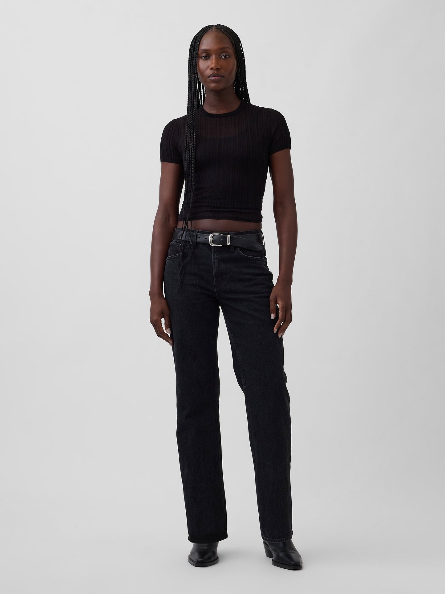 Siyah Mid Rise Relaxed Straight Jean Pantolon