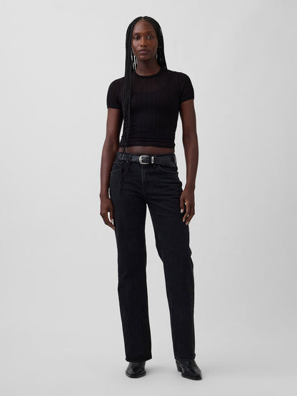 Siyah Mid Rise Relaxed Straight Jean Pantolon