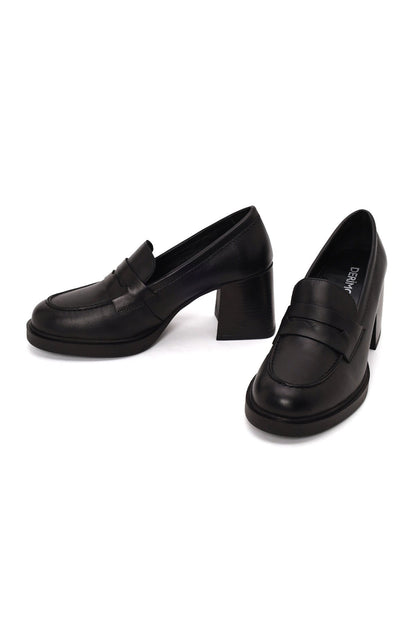 Kadın Siyah Kalın Topuklu Deri Maskülen Loafer