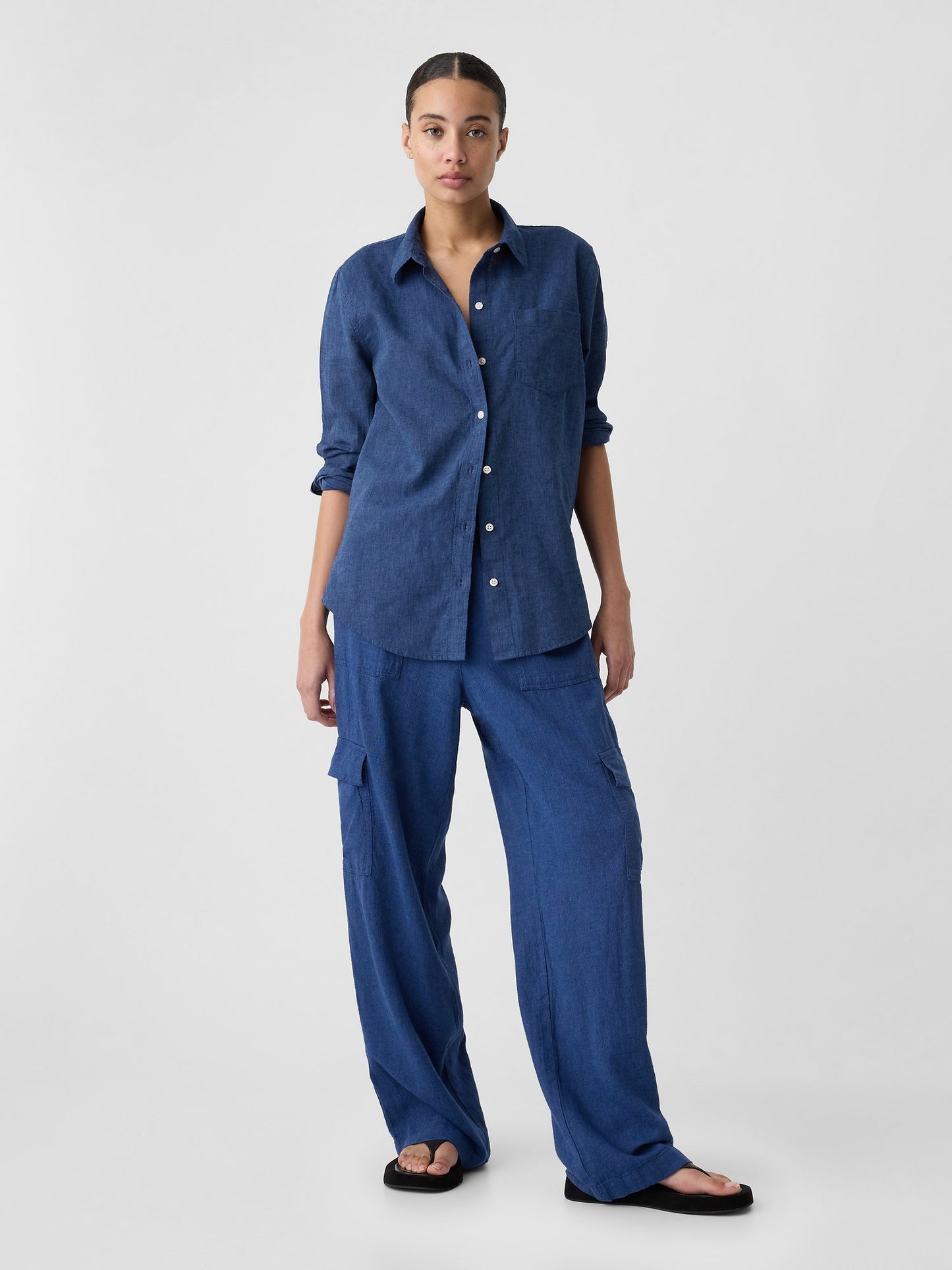 Denim Mavi Keten Karışımı Easy Gömlek