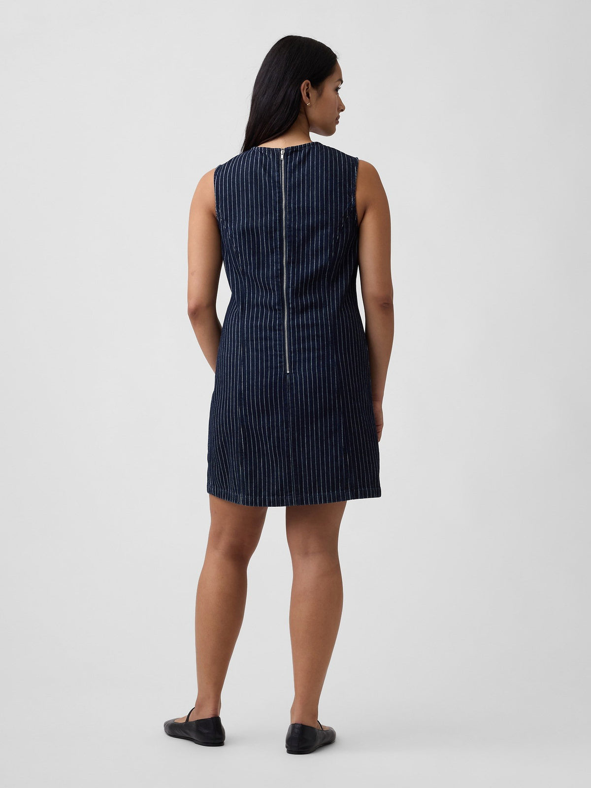 Koyu Mavi Kolsuz Çizgili Denim Mini Elbise