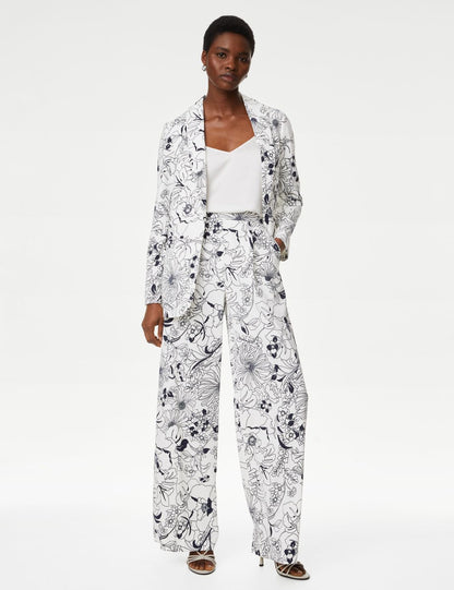 Çiçek Desenli Wide Leg Saten Pantolon