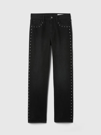 Siyah High Rise Studded '90s Straight Jean Pantolon