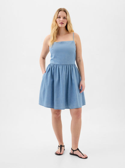 Mavi Kare Yaka Denim Mini Elbise