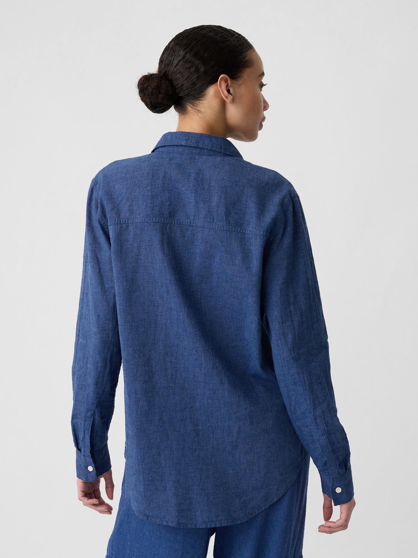 Denim Mavi Keten Karışımı Easy Gömlek